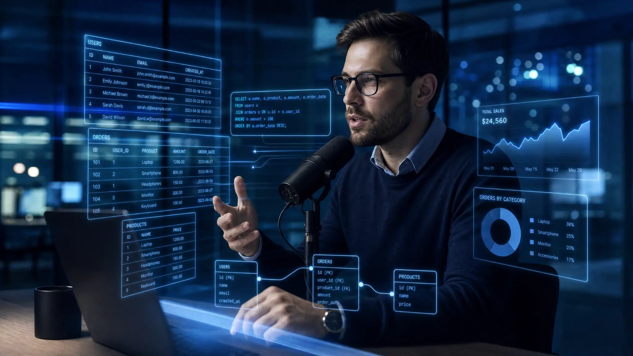 Business professional talking to data visualisations